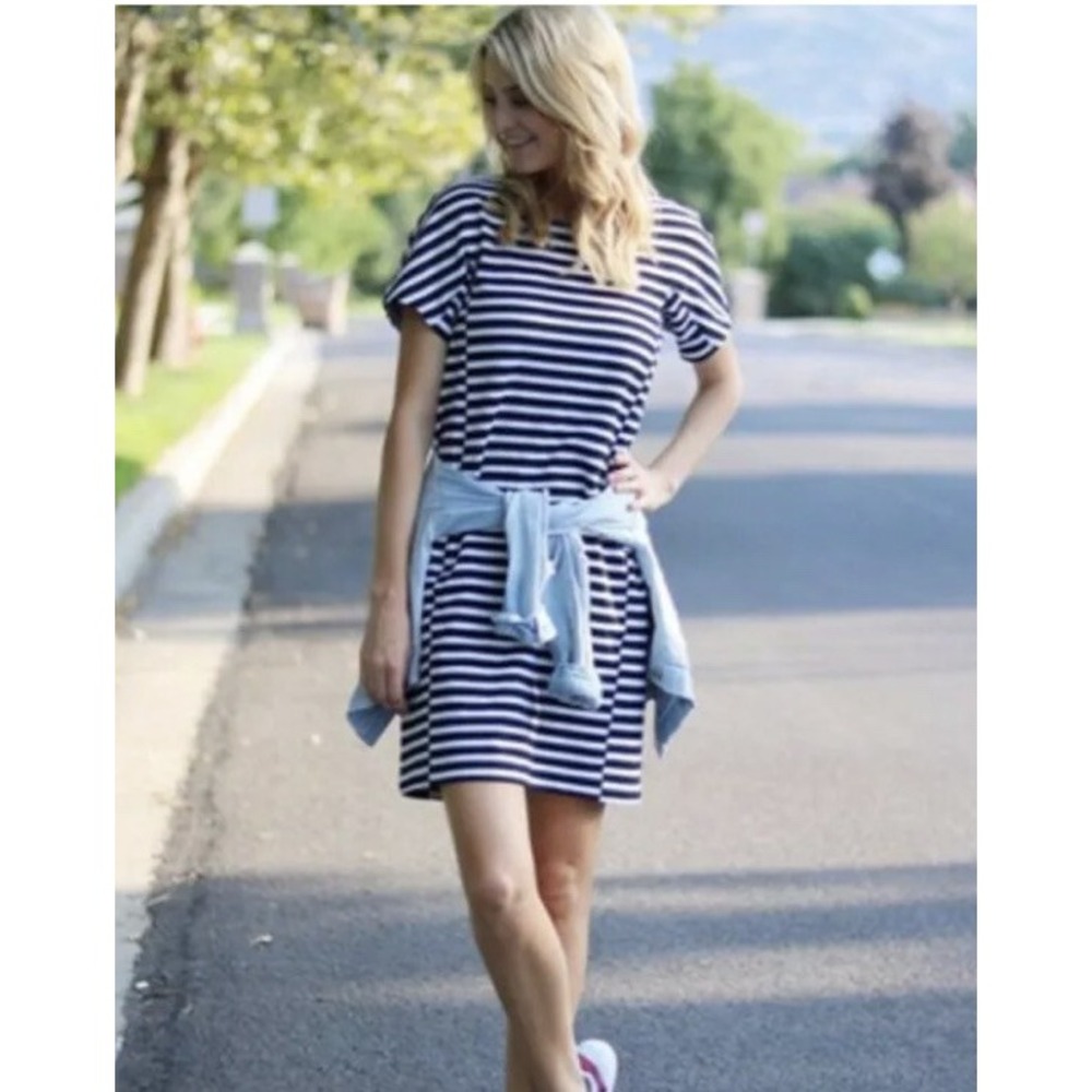 J.Crew Womens Navy Blue White Striped Short Sleeve Zip Back T-Shirt Dress Small